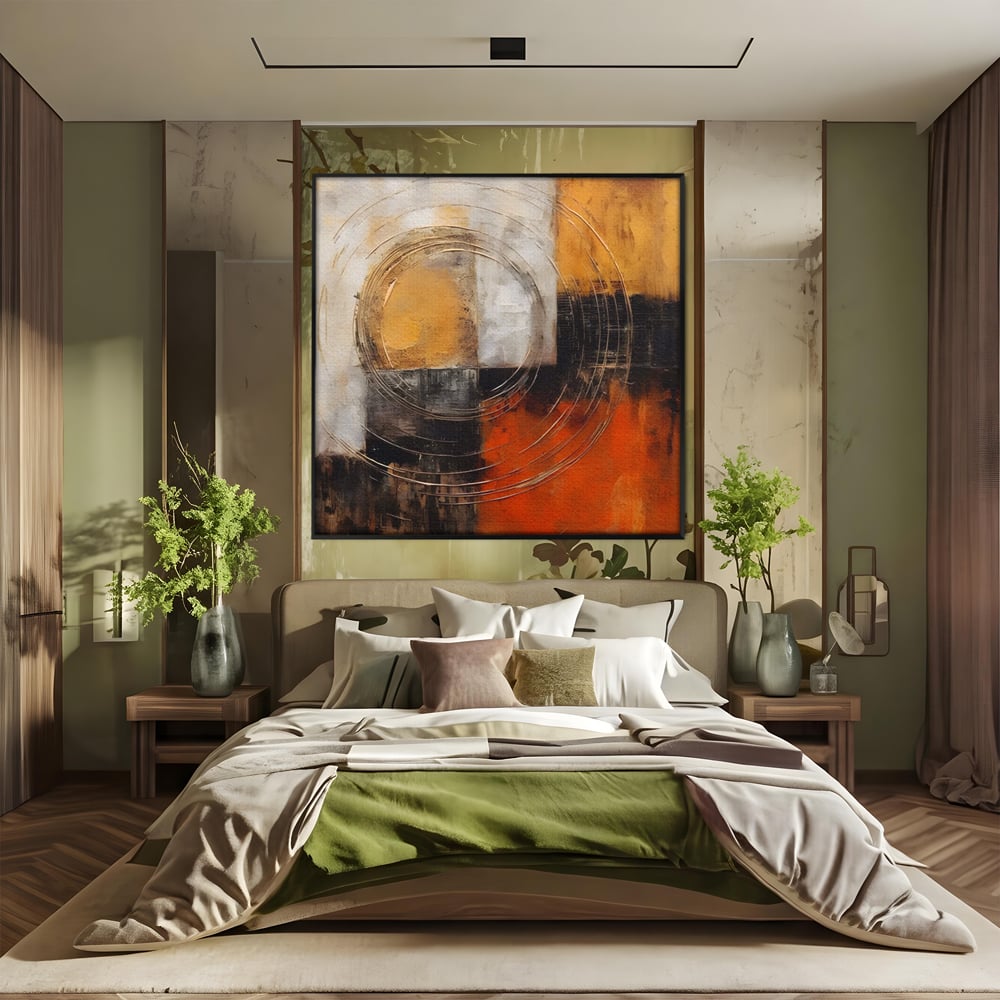 Tablou canvas cu pictura abstracta cu cercuri suprapuse, in rama de aluminiu negru, pe perete intr-un dormitor